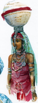 Ritratto di una bella ragazza tuareg mentre porta cesto in testa