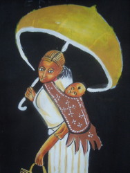 Ristorante Massawa: donna eritrea con bambino legato nella schiena ed ombrello di stoffa in mano