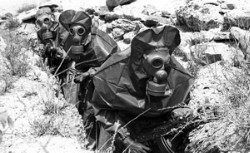 Foto: guerriglieri in maschera anti gas, in difesa da attacchi  chimici