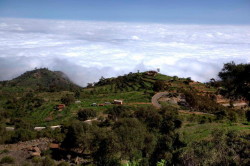 Foto di un panorama unico, nuvole sotto le mentagne